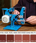 Heavy Duty Belt Sander With 750-1100W Brushless Motor For Woodworking And Metal Polishing Adjustable Speed Up To 6500 RPM showing sanding belts.