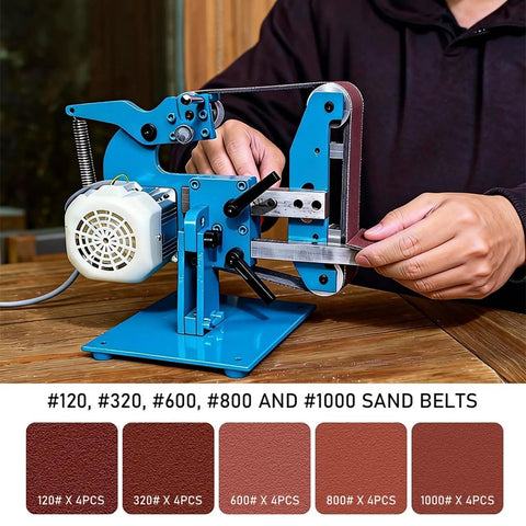 Heavy Duty Belt Sander With 750-1100W Brushless Motor For Woodworking And Metal Polishing Adjustable Speed Up To 6500 RPM showing sanding belts.