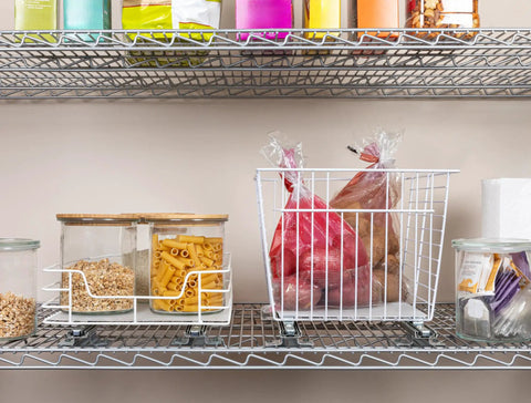 Super Durable Painted Steel Pull Out Pantry Basket With Non Stick Plastic Tray For Zero Hassle Cleanup And Totally Slick Modern Kitchen Cabinet Organization Setup In Crisp White