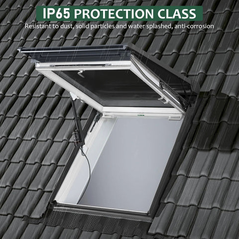 Installed 12V heavy-duty IP65-rated linear actuator with mounting brackets on a roof skylight hatch.