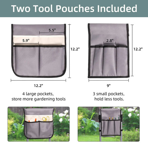 Two detachable tool pouches for Go To Garden Kneeler And Seat Foldable Gardening Stool showing pocket dimensions and uses.