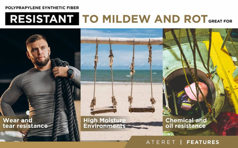 Three images showing the uses of Tan Twisted 3 Strand Polypropylene Rope 1 Inch By 100 Feet Heavy Duty Lightweight Synthetic Cord.
