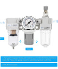Front view of One Quarter Inch NPT Air Filter Regulator Lubricator FRL Combo with water oil trap separator, showing 0-150 psi gauge.