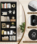 Sturdy Six Tier Bookshelf Tall Storage Rack Nifty Space Saver Display Stand For Living Room And Home Office Black Rustic Shelf Unit showcasing decorative items and books.