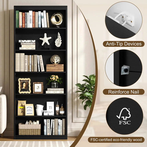 Sturdy Six Tier Bookshelf Tall Storage Rack Nifty Space Saver Display Stand For Living Room And Home Office Black Rustic Shelf Unit showcasing decorative items and books.