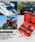 No Sweat Radiator Pressure Tester Kit Featuring 18 Premium Adapters And Rock Solid Hand Pump, shown in red case with various adapters.