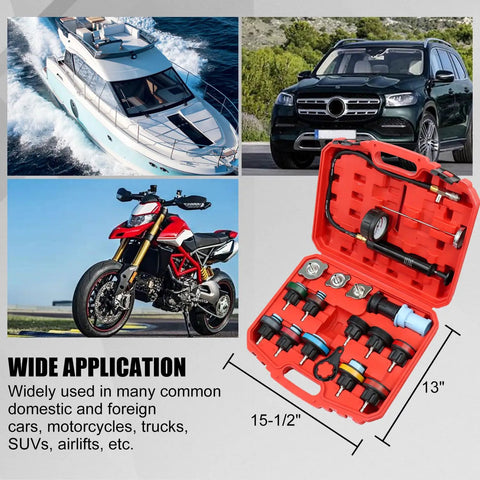 No Sweat Radiator Pressure Tester Kit Featuring 18 Premium Adapters And Rock Solid Hand Pump, shown in red case with various adapters.