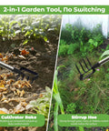 2 In 1 Heavy Duty Garden Hoe And Cultivator With 60 Inch Adjustable Handle Lightweight Weeding Tool shown in use on soil and grass