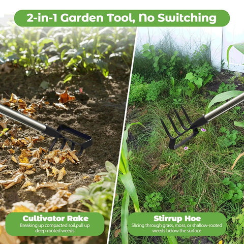 2 In 1 Heavy Duty Garden Hoe And Cultivator With 60 Inch Adjustable Handle Lightweight Weeding Tool shown in use on soil and grass