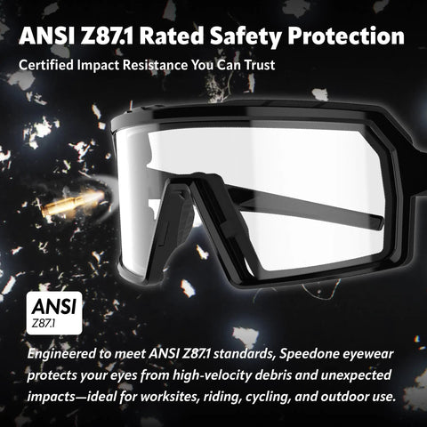 Badass Photochromic Safety Glasses with No Cap Impact Resistance for Cycling and Motorcycle Riding Featuring Rustproof Frames and Lightweight ANSI Z87 Approved Gear That Slaps for Worksite or Outdoor Adventures, close-up view with ANSI Z871 label.