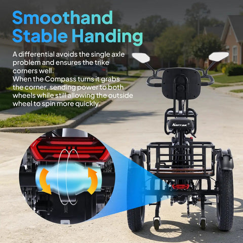 750W Electric Tricycle For Adults And Seniors With Fat Tires, 3 Wheel E Trike, 48V 13Ah UL 2849 Battery, 55 Mile Range, Semi Recumbent Design, Hydraulic Brakes, Easy Hill Climb And Smooth Everyday Ride rear view with differential on street