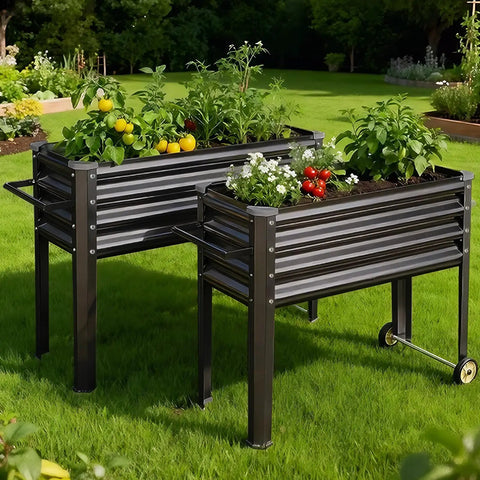 Heavy Duty Galvanized Raised Garden Bed With Legs And Wheels, 2 Pack, 48W X 18D X 32H Inches, Metal Elevated Planter Box For Backyard