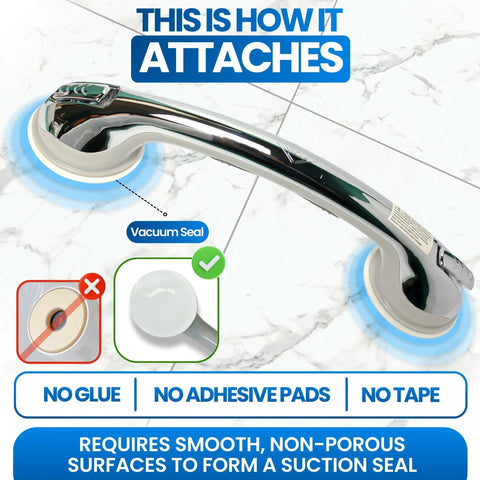 No Tool Suction Cup Grab Bar For Bathtubs And Showers Portable Chrome 16 Inch Bath Safety Handle on smooth tile wall