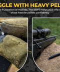 Close-up of Break Barrel Pellet Loader Tool BBPR for .177/.22/.25 caliber air rifles, precision loading next to target.