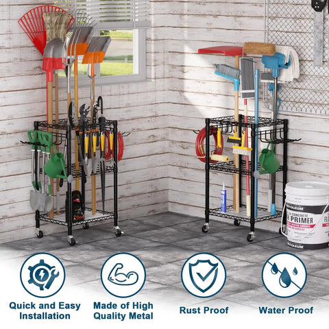 T1 Garden Tool Organizer With Lockable Wheels Heavy Duty Garage Storage For Yard Shed Outdoor And Lawn Freestanding Tool Organizer Stores Up To 50 Tools Black With Anti Tip Device in garage with various tools