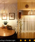 Plug In Pendant Light With Dimmable Cord Handcrafted Rattan Wicker Basket Shade Boho Farmhouse Hanging Lamp in cozy room setting