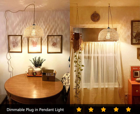 Plug In Pendant Light With Dimmable Cord Handcrafted Rattan Wicker Basket Shade Boho Farmhouse Hanging Lamp in cozy room setting