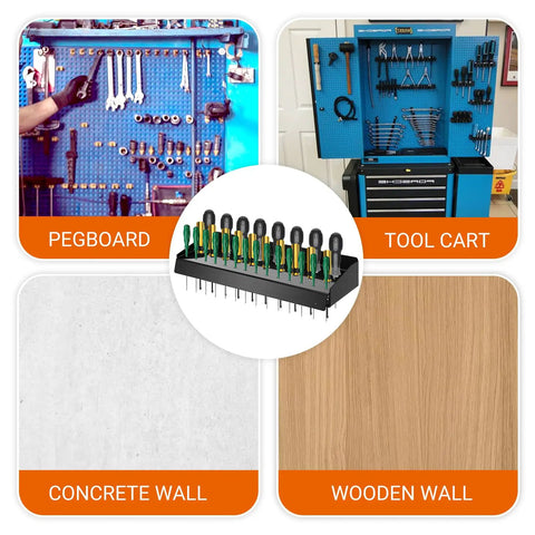 Wall Mounted Screwdriver Holder Rack For Garage, Workshop, Shed, And Home, displayed on pegboard, tool cart, concrete, and wooden wall.