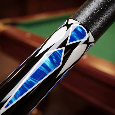 Close-up of decorative design on 58 Inch Grade A Canadian Maple Pool Cue Featuring 13mm Tip And Adjustable Weight.