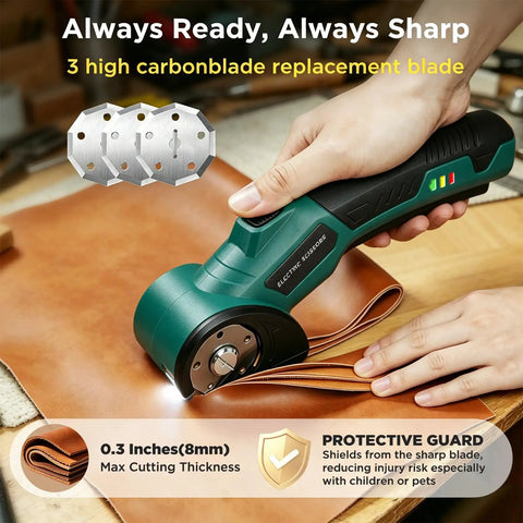 Heavy Duty Cordless Electric Scissors Delivering Zero-Fuss 350Rpm Cutting Power And Razor Sharp Sk5 Steel Blades for cutting leather and fabric.