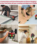 Heavy Duty 12 Line Green Laser Level With Slick Remote Control And Sturdy Triangle Bracket For Instant Self Leveling Up To Ninety Eight Feet used for drywall and flooring.