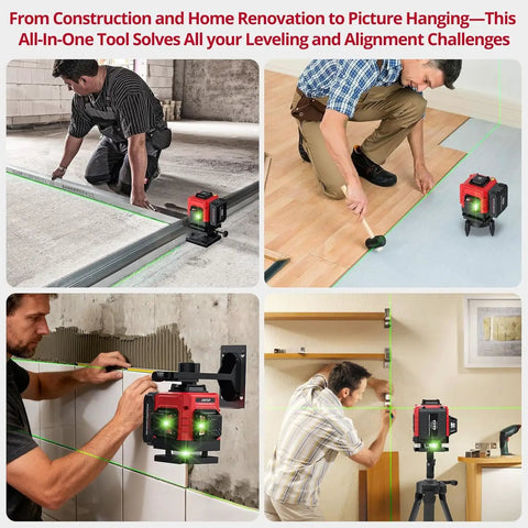 Heavy Duty 12 Line Green Laser Level With Slick Remote Control And Sturdy Triangle Bracket For Instant Self Leveling Up To Ninety Eight Feet used for drywall and flooring.