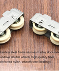 Buttery Smooth Double Wheel Window Roller 802 Style Stainless Steel Frame with Adjustable Nylon Bearing System for Sliding Aluminum Doors and Windows Narrow Gauge Track Heavy Duty Replacement Fix close-up on dual wheels and steel frame.