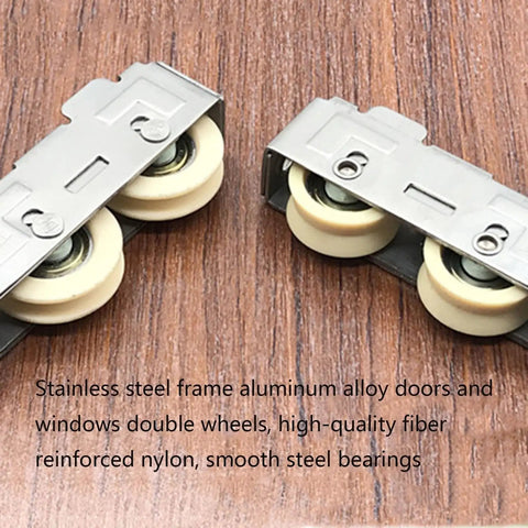 Buttery Smooth Double Wheel Window Roller 802 Style Stainless Steel Frame with Adjustable Nylon Bearing System for Sliding Aluminum Doors and Windows Narrow Gauge Track Heavy Duty Replacement Fix close-up on dual wheels and steel frame.