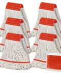 Six Pack Safety Orange Cotton Mop Head Replacements Built Tough Heavy Duty String Refills for quick liquid absorption.