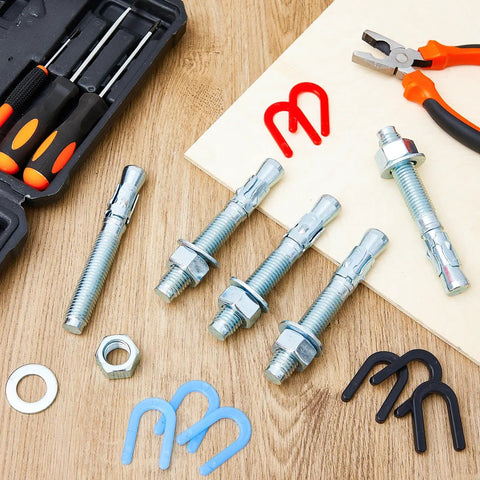 Badass 46 Piece Car Lift Install Kit Featuring Slick Wedge Anchor Bolts and Precision Leveling Shim Set with tools and bolts.