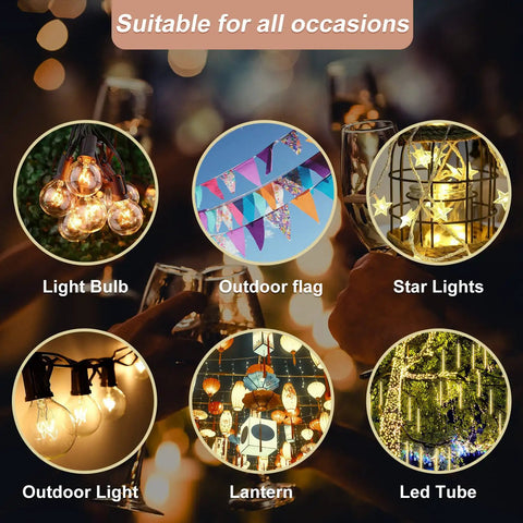 Variety of lighting options for festive occasions; includes lanterns, string lights, star lights, and outdoor light bulb setups.