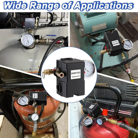 Air Compressor Pressure Switch 135 To 175 PSI 4 Port 20 Amp With 0 To 200 PSI Gauge And 200 PSI Safety Relief Valve Quarter Inch NPT Replacement Parts For Air Compressors