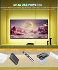5V USB RGB COB LED Strip Light 4.92ft Color Changing Tape illuminating a TV setup with power sources displayed below