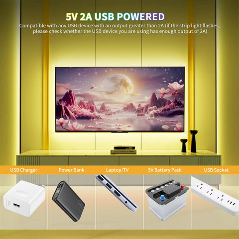 5V USB RGB COB LED Strip Light 4.92ft Color Changing Tape illuminating a TV setup with power sources displayed below