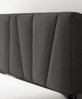 Close-up view of the bold asymmetric headboard of Straight Up Comfy Premium Upholstered Queen Bed Frame in dark grey fabric.