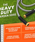No Tangle 25ft Stainless Steel Garden Hose With Ten Function Adjustable Spray Nozzle on grass with product features