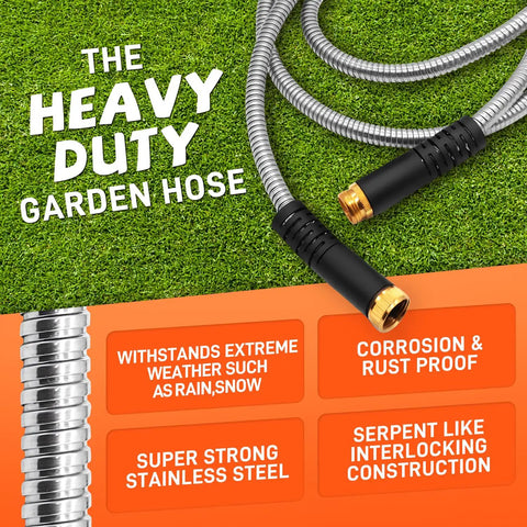 No Tangle 25ft Stainless Steel Garden Hose With Ten Function Adjustable Spray Nozzle on grass with product features