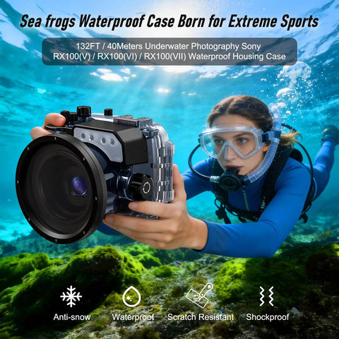 Diver using Underwater Camera Housing For Sony RX100 VII With IPX8 40m Depth, Waterproof Case For Diving Surfing And Water Sports.