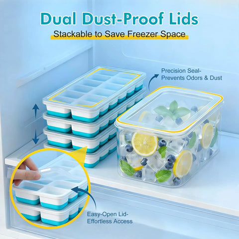 Stackable Silicone Ice Cube Trays With Leakproof Lids And Compact Storage Container Four Pack Bpa Free Flexible Molds For Easy Peasy Cocktails And Iced Coffee