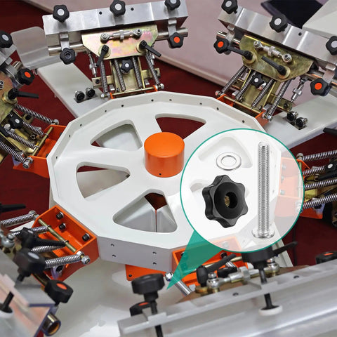 Must Have Six Star Knob Kit For Woodworking Jigs With M5 Threads displayed with machinery setup
