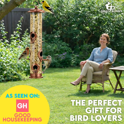 Outdoor Bird Feeder With Locking Lid And Chew Proof Metal Copper Finish, Six Port Hanging Feeder in garden with birds feeding