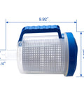 Side view of Upgraded Inline Pool Leaf Canister with dimensions, easy open lid, see-through basket, fits Hayward W560 W530 Zodiac W26705.