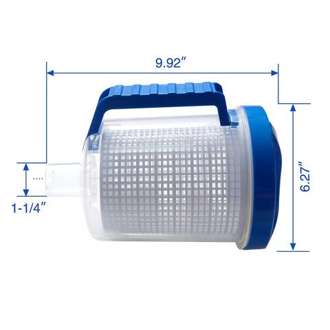 Side view of Upgraded Inline Pool Leaf Canister with dimensions, easy open lid, see-through basket, fits Hayward W560 W530 Zodiac W26705.