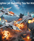 Three assembled fighter jets from 5 in 1 STEM RC Robot Building Kit with flames in background, for kids ages 6-12.