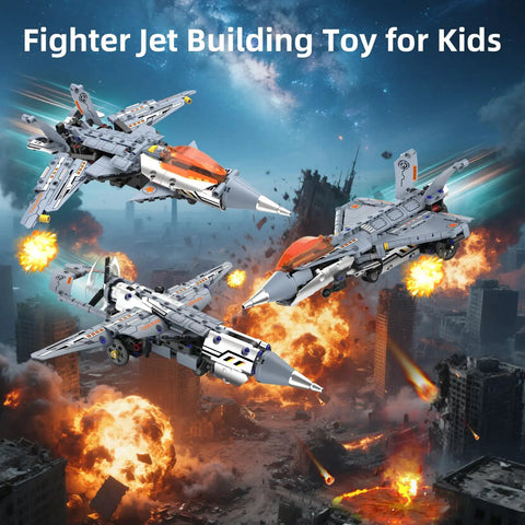 Three assembled fighter jets from 5 in 1 STEM RC Robot Building Kit with flames in background, for kids ages 6-12.