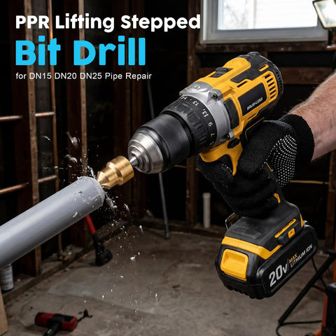 Pipe Threading And Reaming Tool Kit For PVC Plumbing Projects With Cutter Set Of 10 Pcs Dual Function shown in use with drill