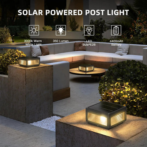 Solar Post Lights 9.84 Inch Pillar Lamps IP54 Waterproof Modern Column Lighting Dusk To Dawn 3000K LED Square Lanterns