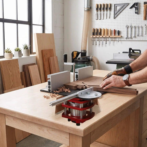 Tough As Nails Manual Lift Router Table Base Plate With Dead On Precision Height Adjustments engineered from solid aluminum in woodworking setup.
