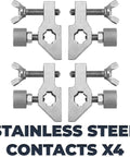 Four stainless steel contacts with precision screws, part of Pipe Alignment Chain Pliers Built Tough For Precise Welding.