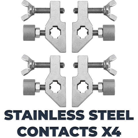 Four stainless steel contacts with precision screws, part of Pipe Alignment Chain Pliers Built Tough For Precise Welding.